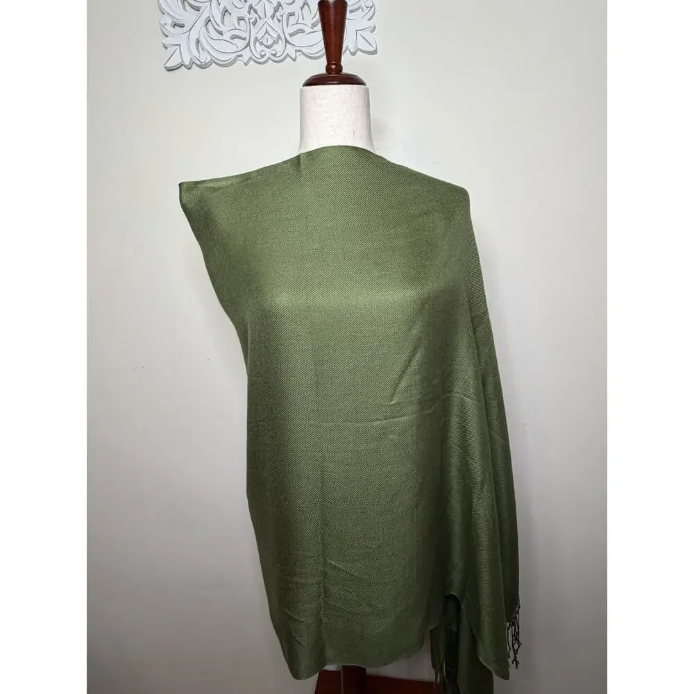 Olive Green Twill Scarf Long Rectangle Wrap Shawl Fringe Solid Green 80